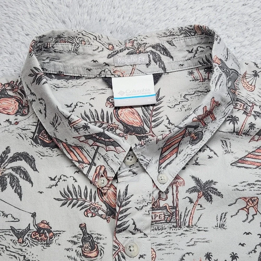 Columbia Shirt Mens XL Gray Tropical Beach Pelican Mermaid Beach S/S Button Up - Picture 3 of 11